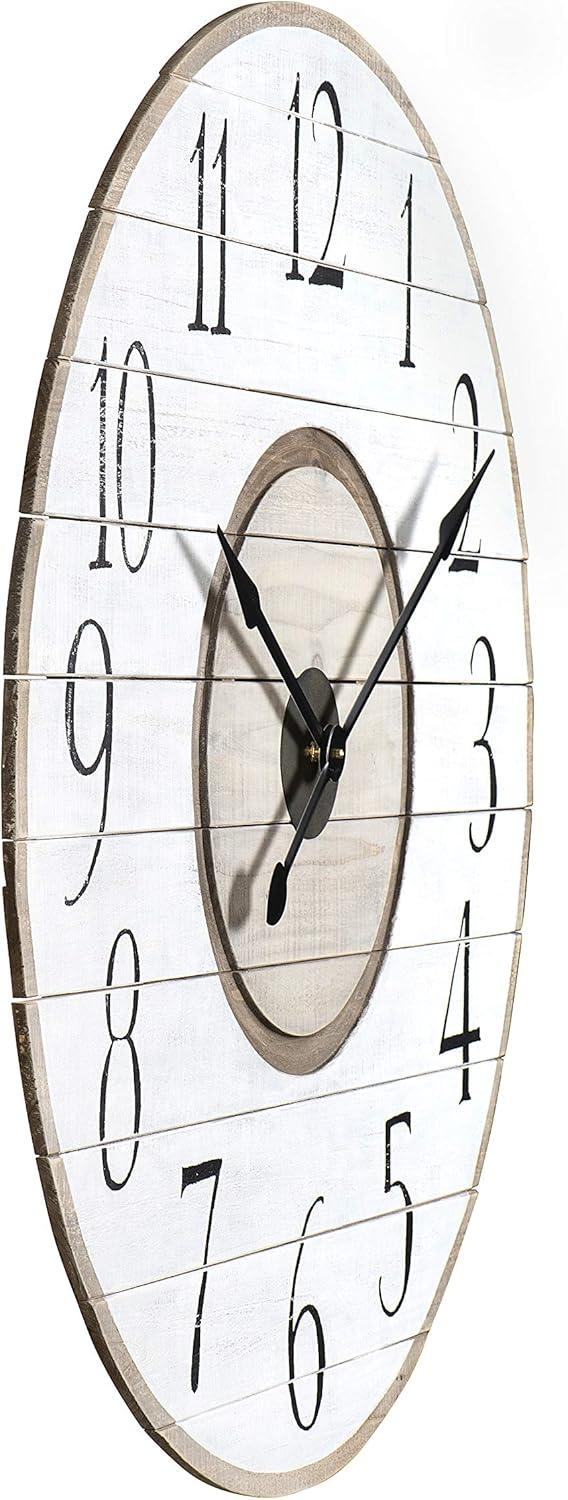 Oversized Round Distressed White and Brown Wood Wall Clock