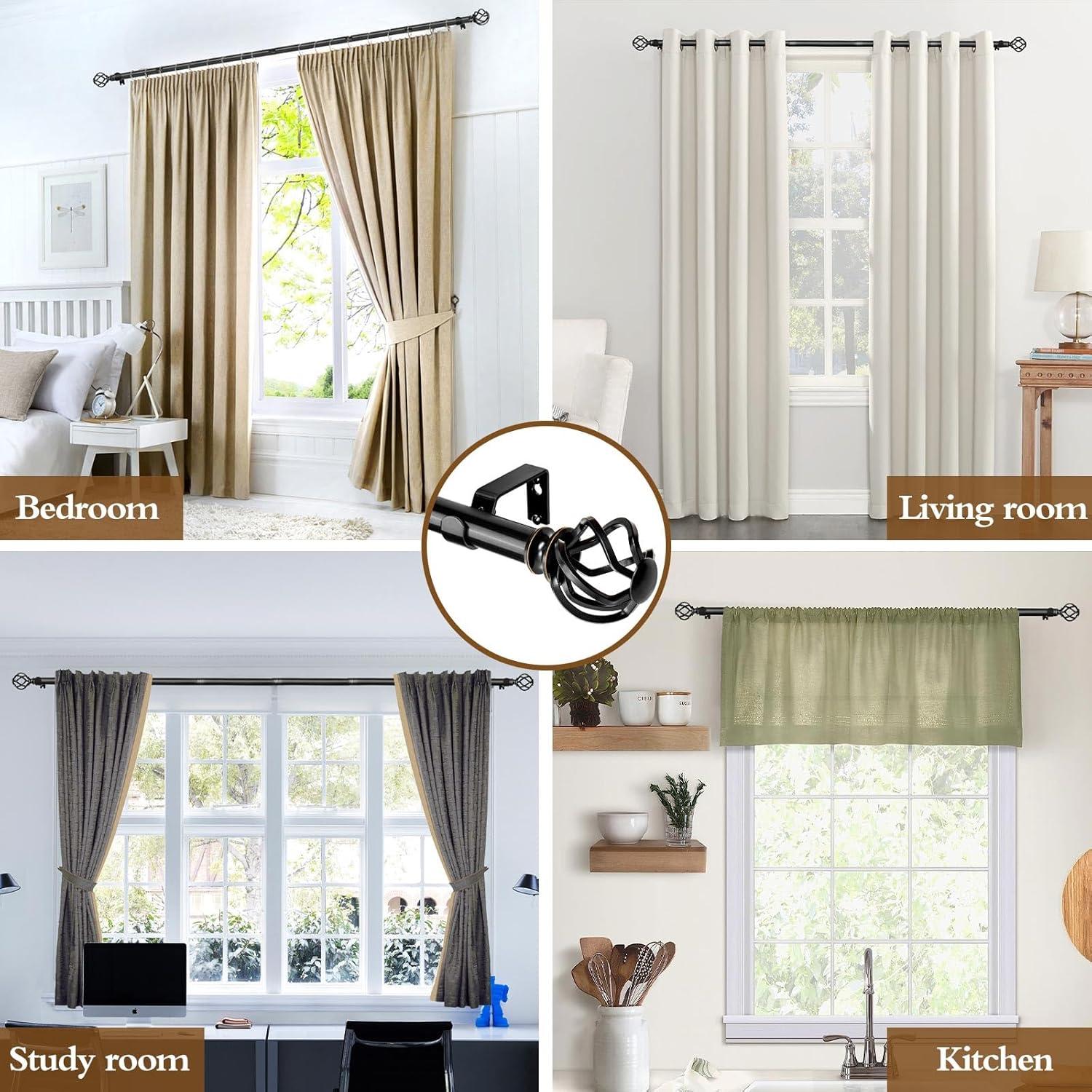 KAMANINA Black Curtain Rods for Windows 72 to 144 Inches (6-12ft), 1 Inch Heavy Duty Curtain Rod 32 to 144, Long Decorative Single Drapery Rods, Twisted Cage End
