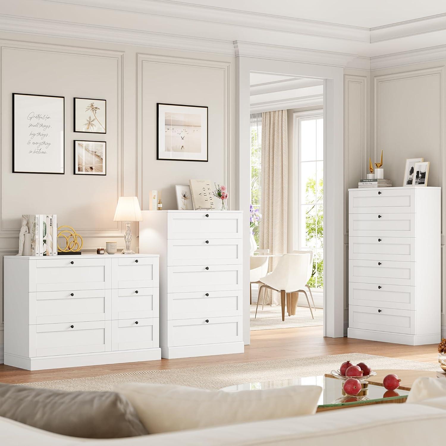 White Modern 6-Drawer Wood Dresser with Black Knobs