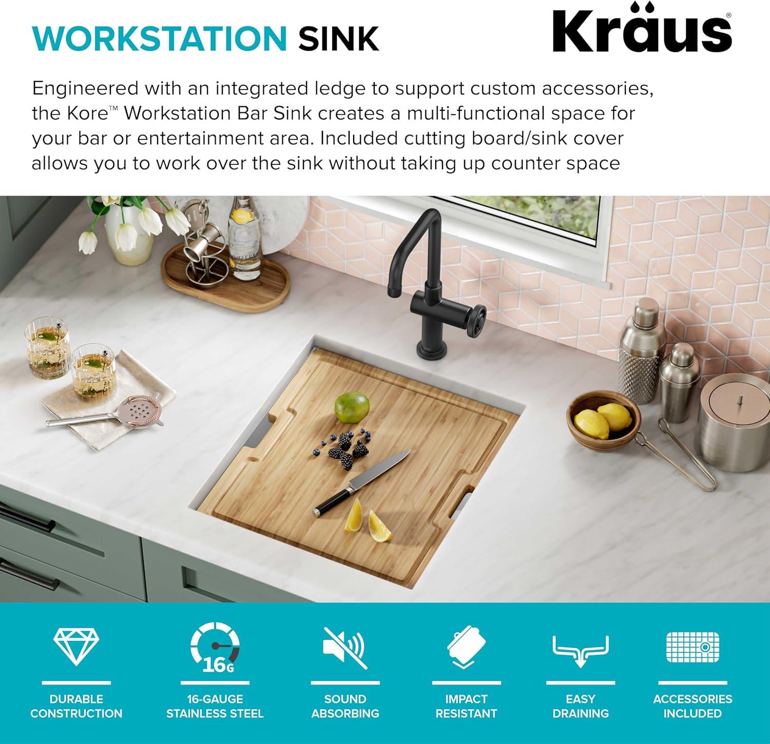 KRAUS Kore™ Workstation 17-inch L Undermount 16 Gauge Single Bowl Stainless Steel Bar Kitchen Sink