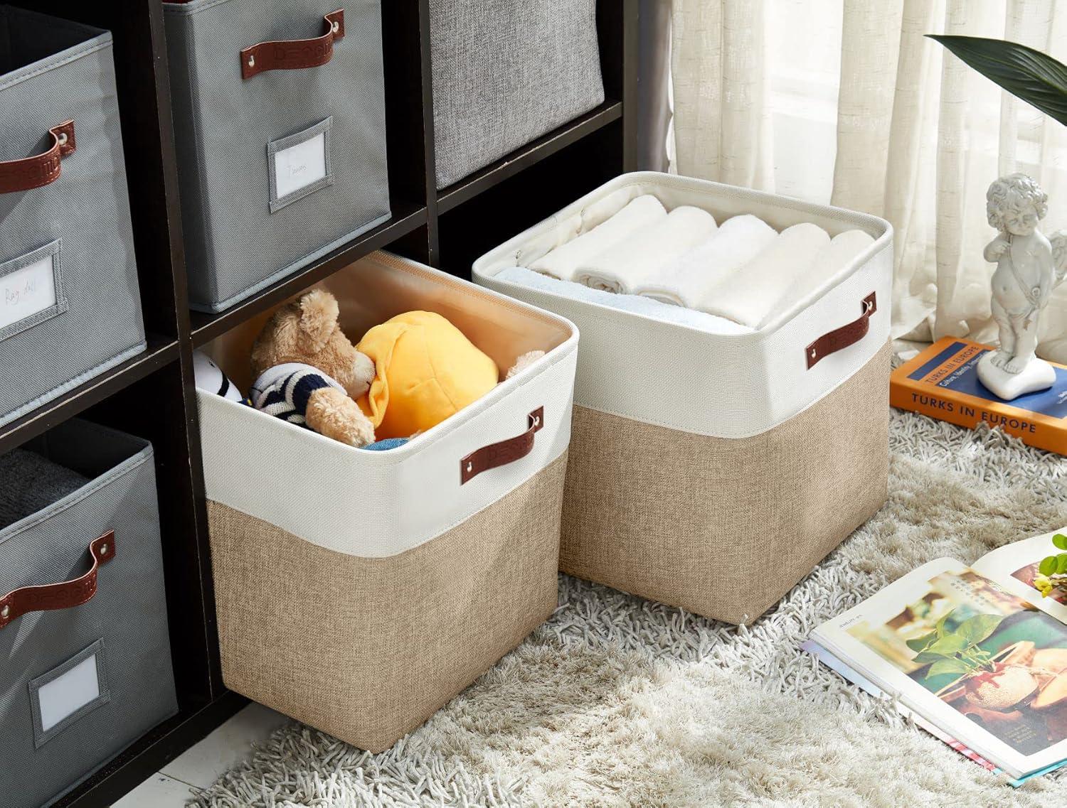 Beige and White Rectangular Fabric Storage Bins with Handles