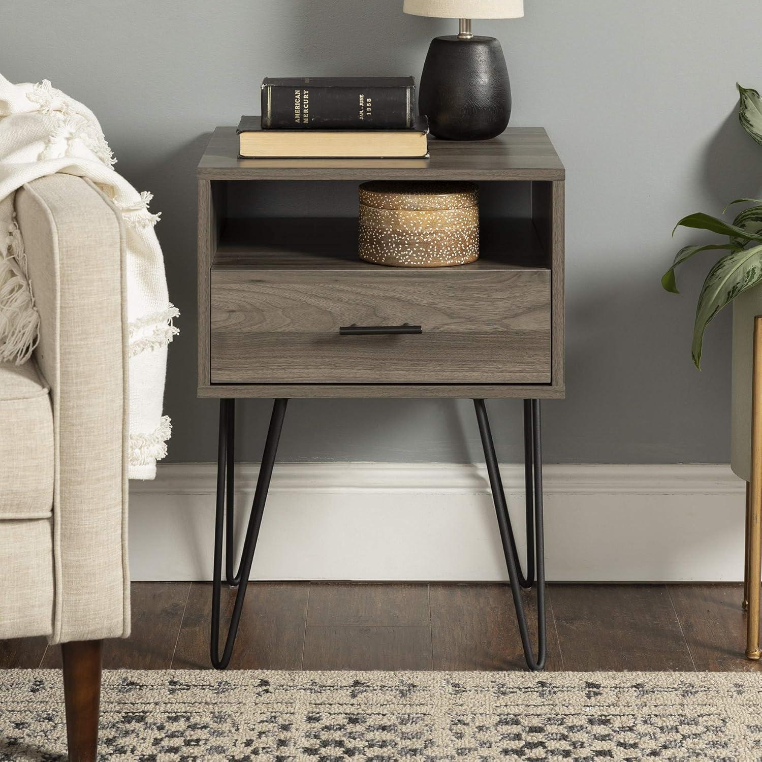 Slate Grey Alloy Steel & MDF Mid-Century Modern Side Table Set with Storage