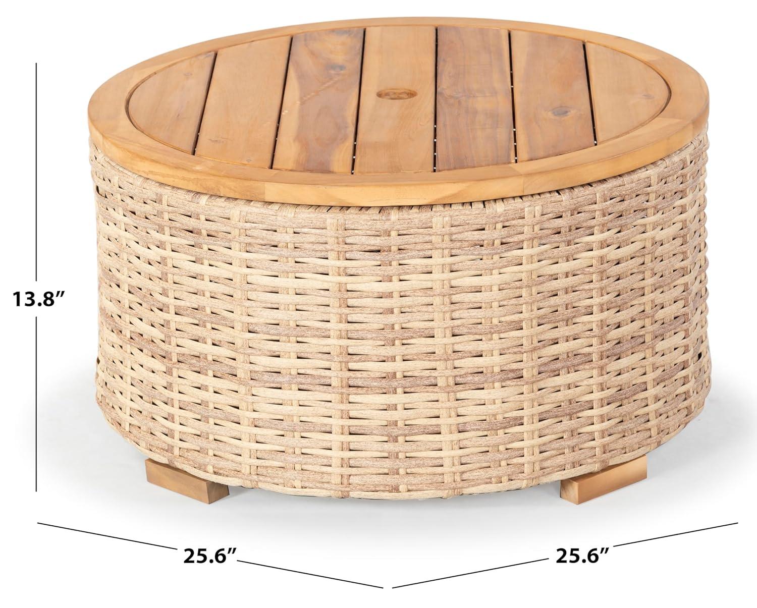 SAFAVIEH Couture Anguilla Outdoor Patio Round Wicker Coffee Table with Storage, Natural