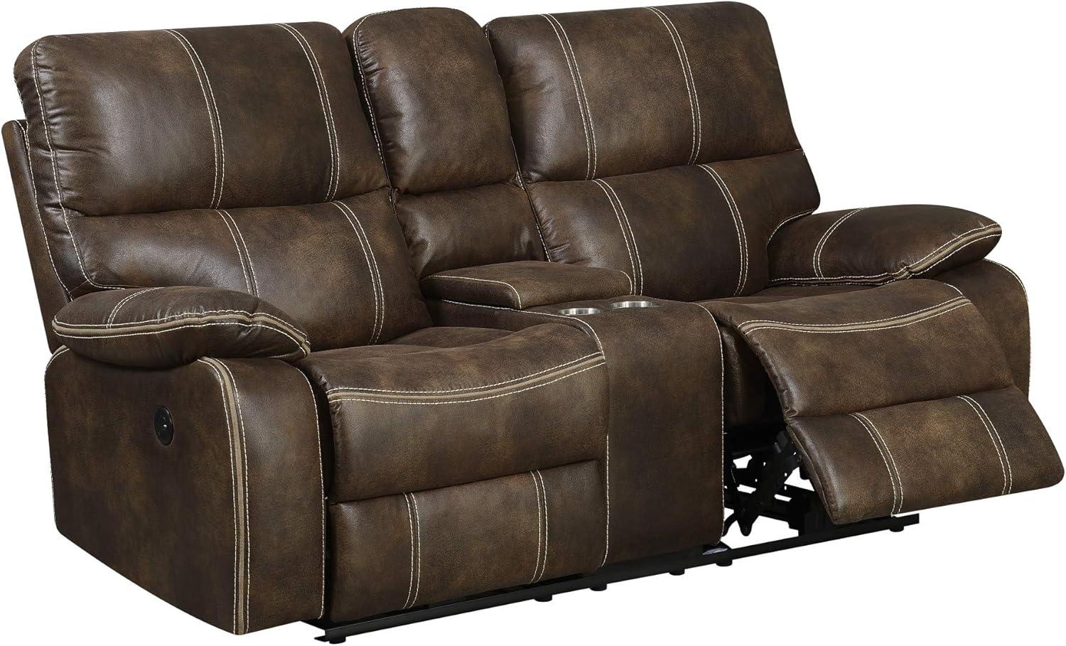 Brown Leather Power Reclining Loveseat with USB Port