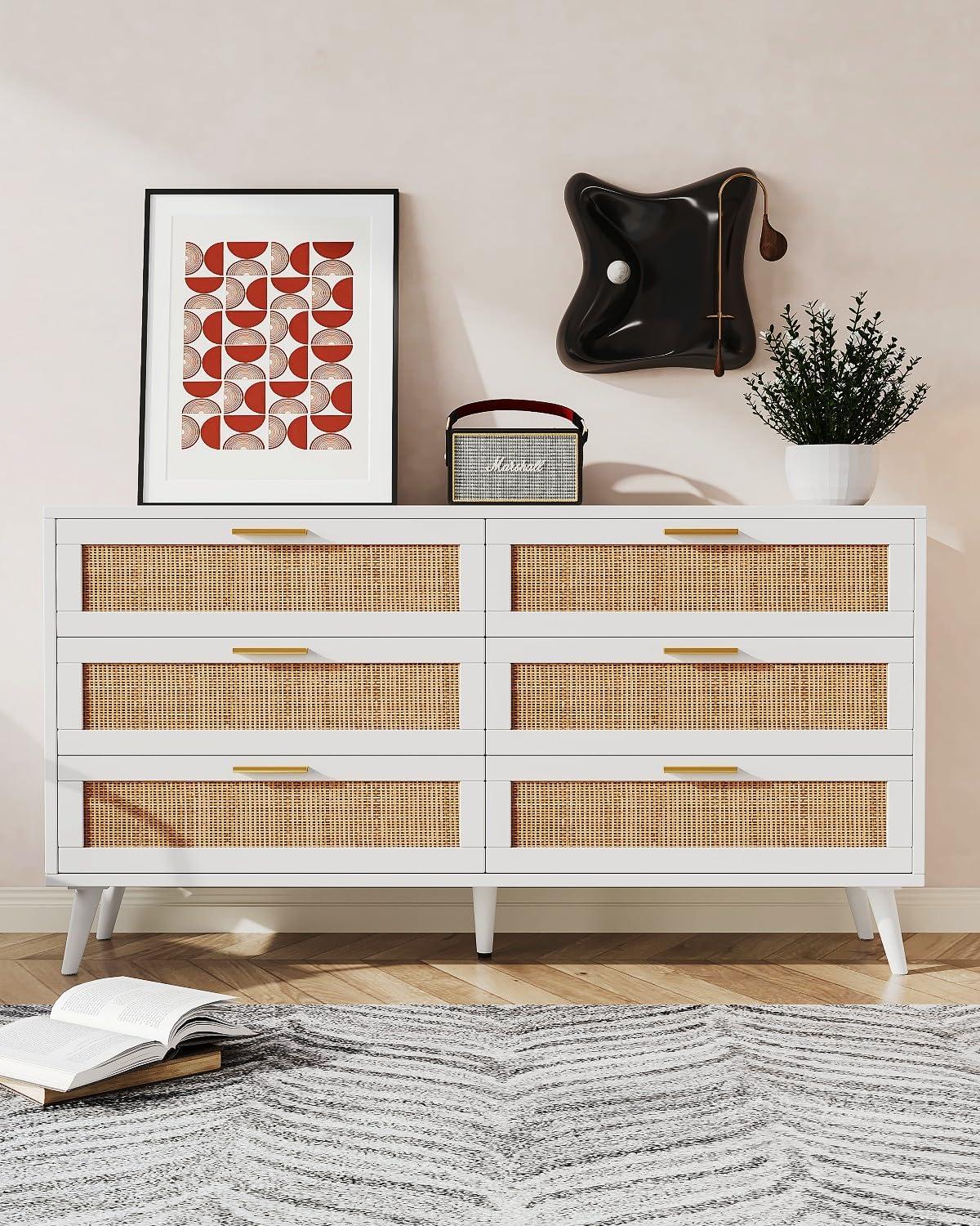 White and Natural Double Dresser with Rattan Drawers