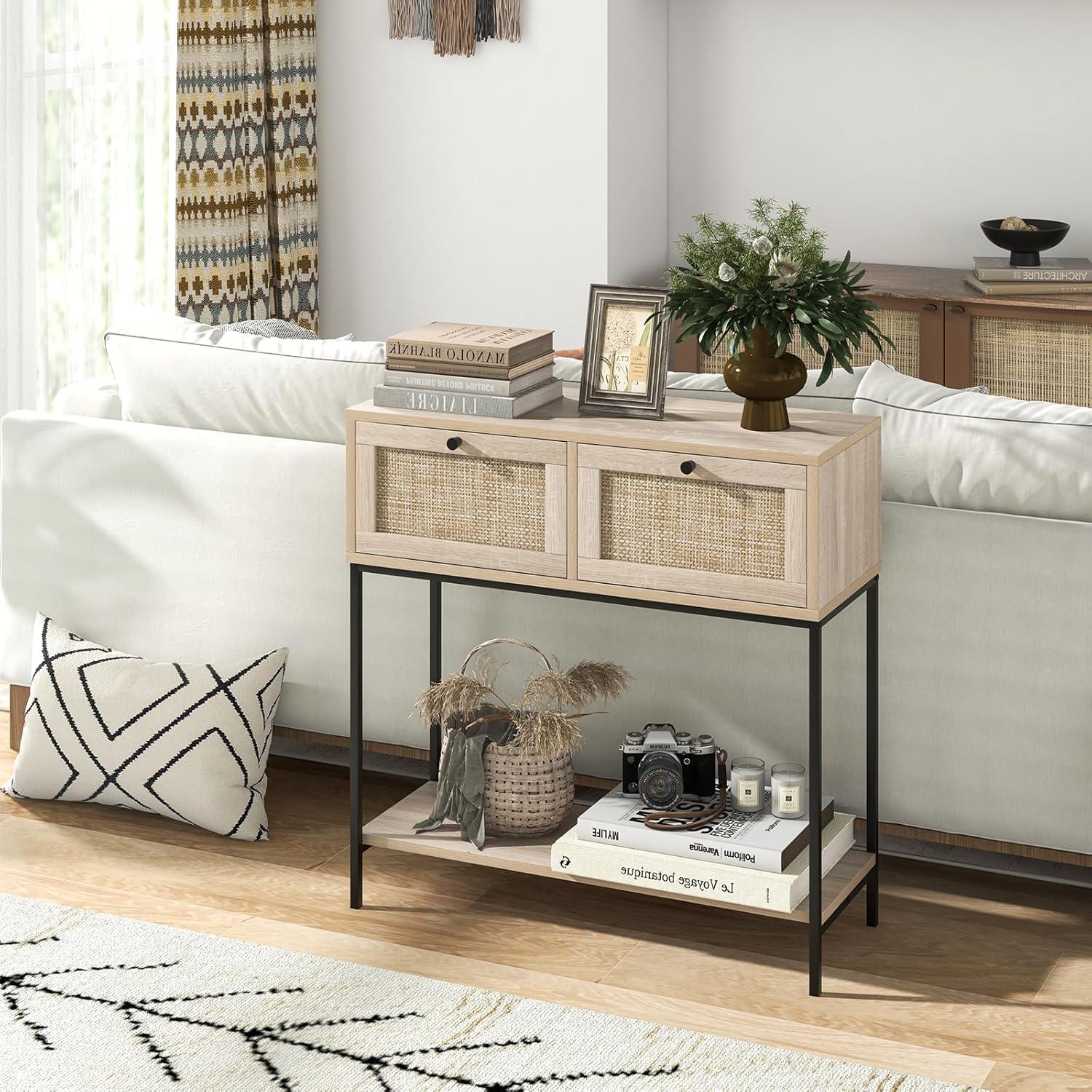Spaco Rattan Console Table Boho Entryway Table with 2 Rattan Drawers and Open Storage Shelf-Oak, Entryway Table Hallway Table, Storage-Friendly Hallway Table for Foyer & Entry Spaces
