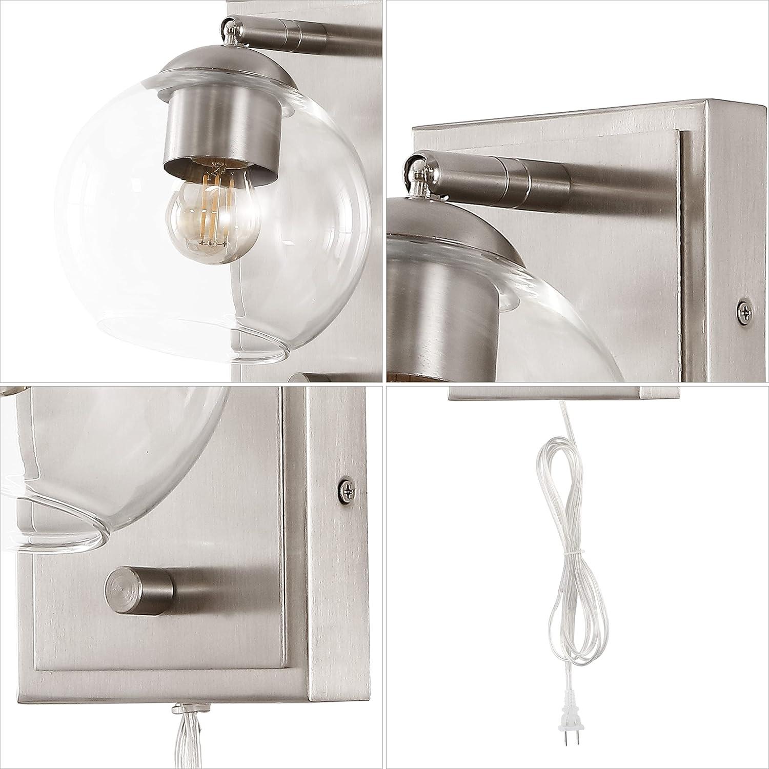 Hugo 6" 1-Light Minimalist Modern Plug-In or Hardwired Adjustable Iron LED Wall Sconce with Rotary Dimmer, Nickel with Clear Globe