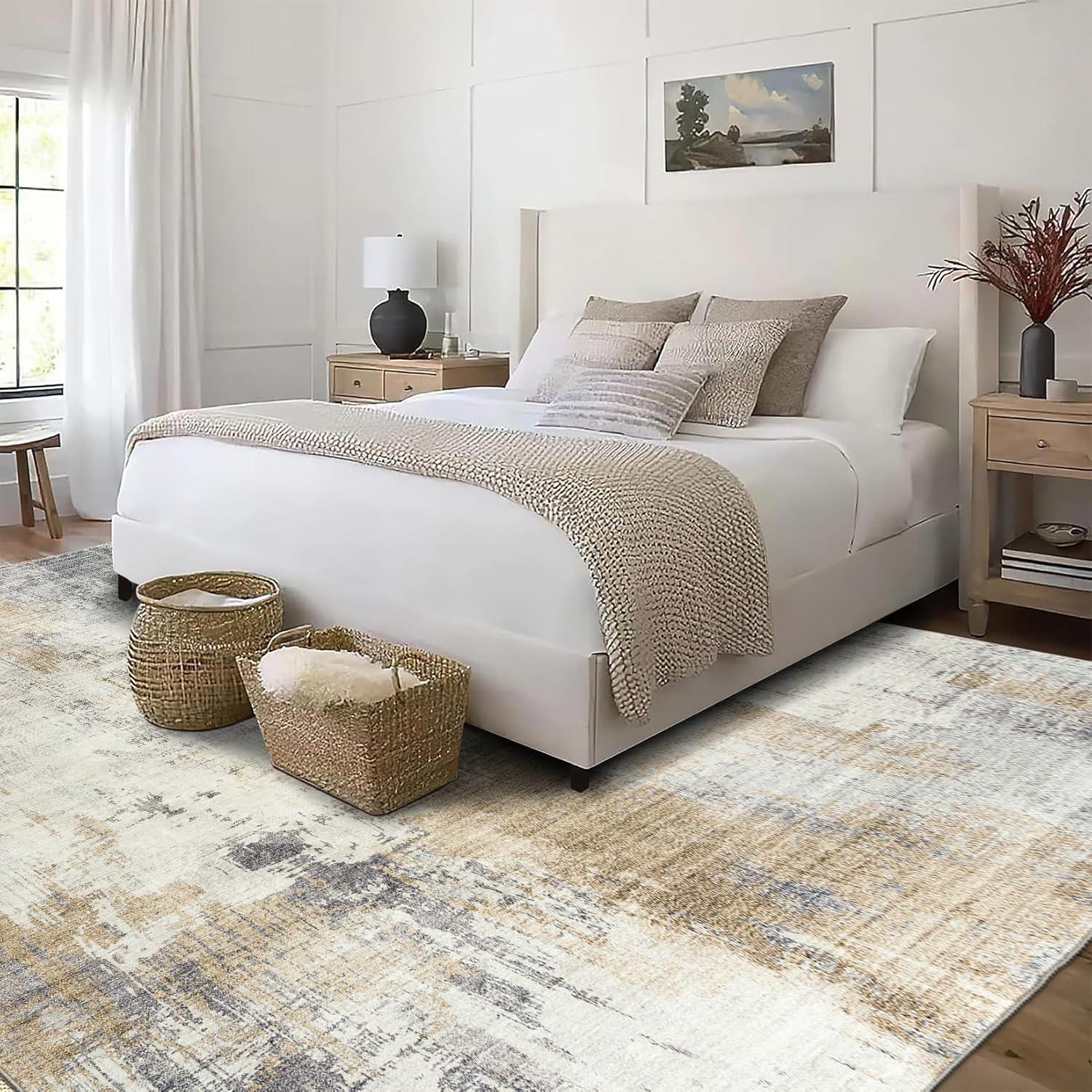 ReaLife Rugs Machine Washable Abstract Modern Gray, Beige, Ivory Eco-friendly Recycled Fiber Area Runner Rug (5' x 7')