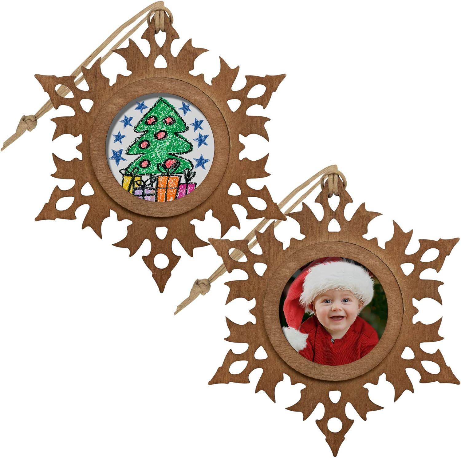 Dark Wood Snowflake Photo Ornaments with Raffia String - Set of 10