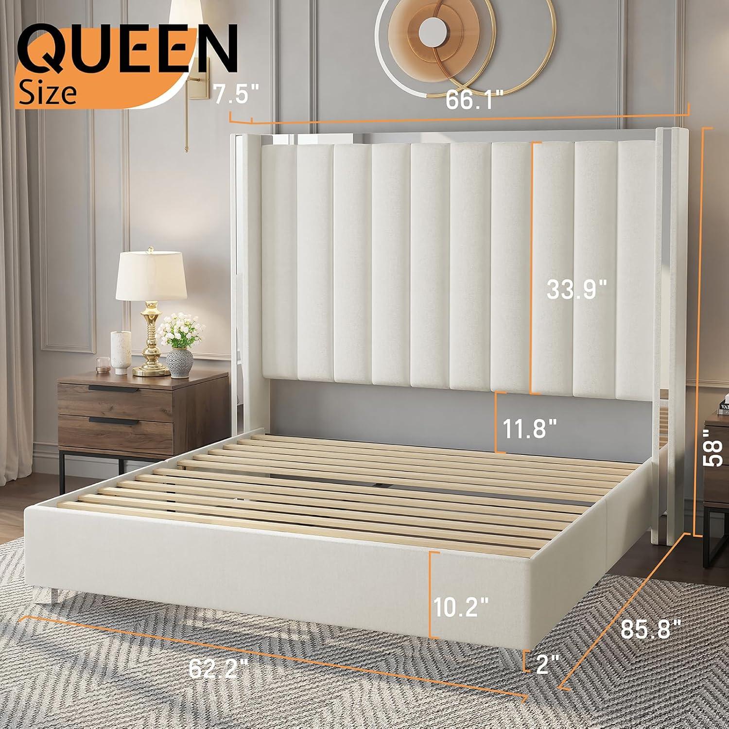 Merluxy Queen Bed Frame with 58" Tall Headboard,Silver Plating Trim,Velvet Upholstered,Cream