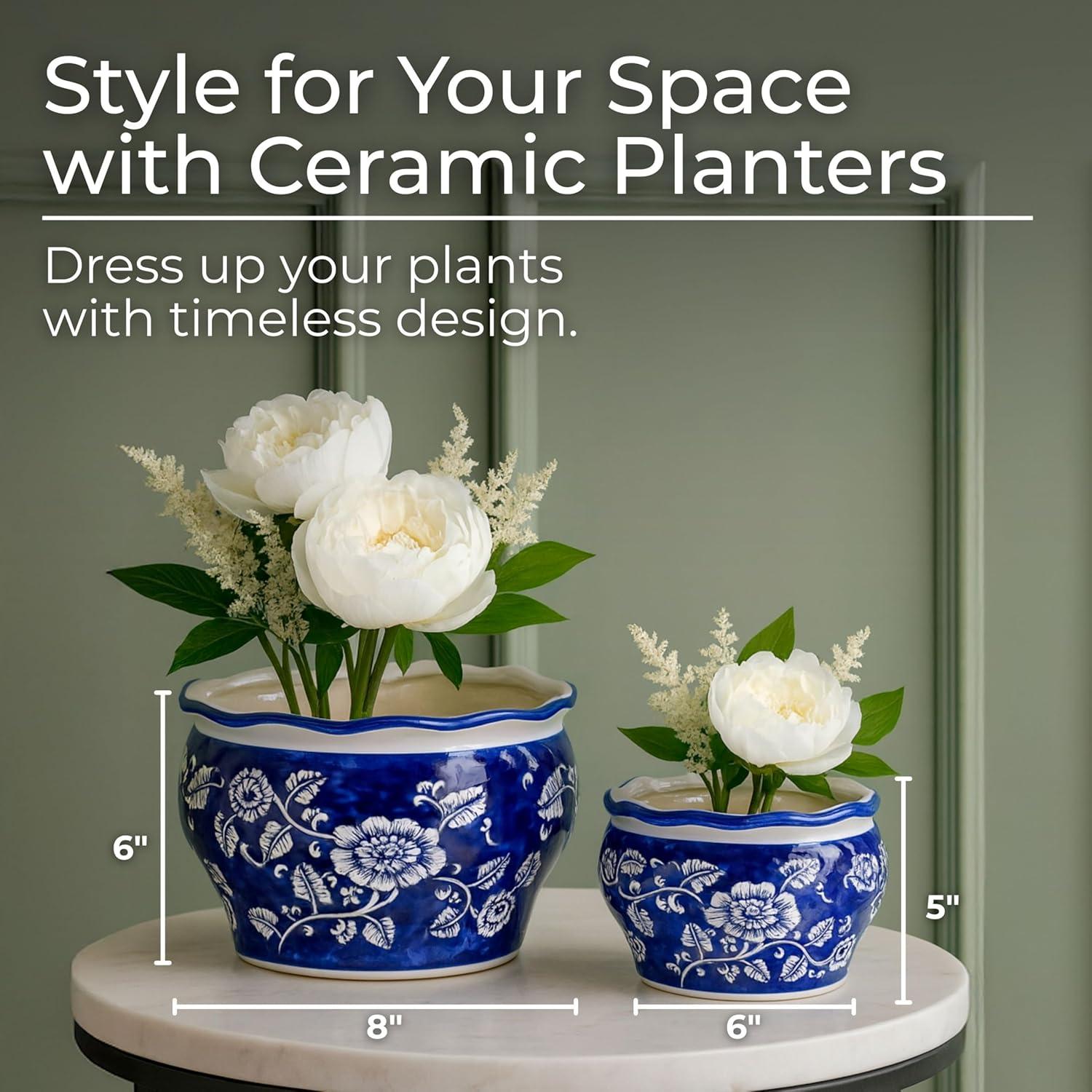 Sagebrook Home 2pc Chinoisere Ceramic Indoor Outdoor Planter Pots Blue/White: Hand-Painted, Rust-Resistant, No Assembly Required