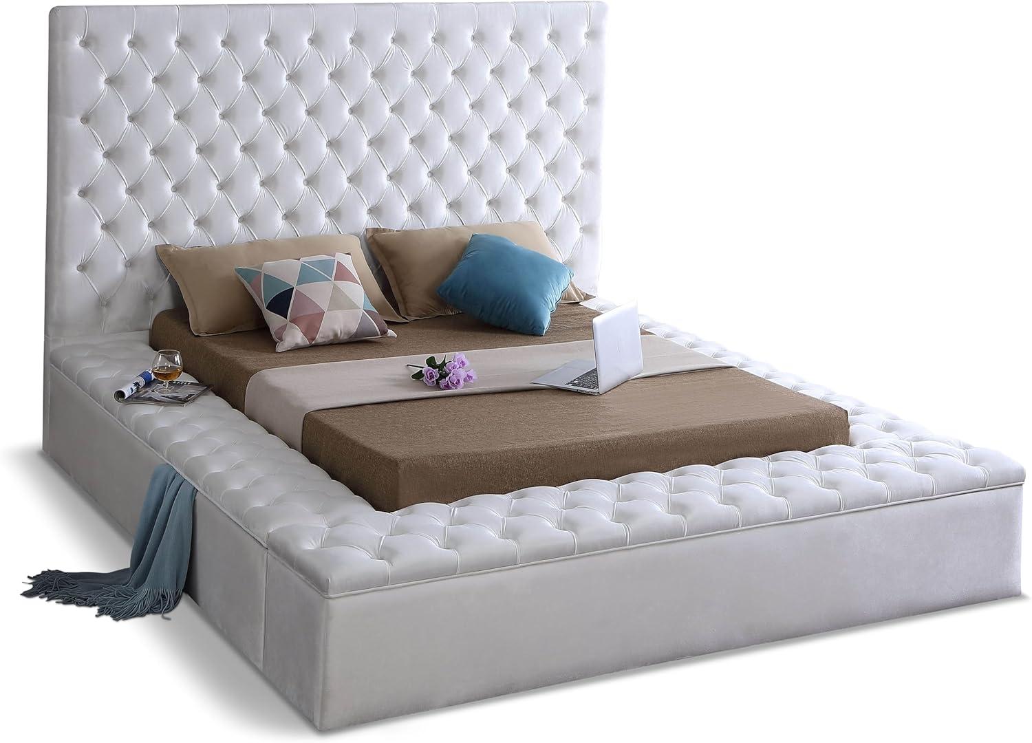 Bliss White Velvet Queen Upholstered Storage Bed with Tufted Headboard