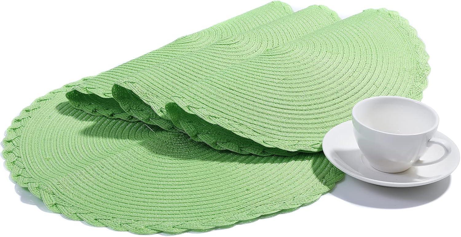 Placemats Set of 6, Lime Green Placemats Set of 6, Round Woven Placemats for Indoor and Outdoor, Washable Woven Placemats for St Patricks Day Placemats, 15 Inch