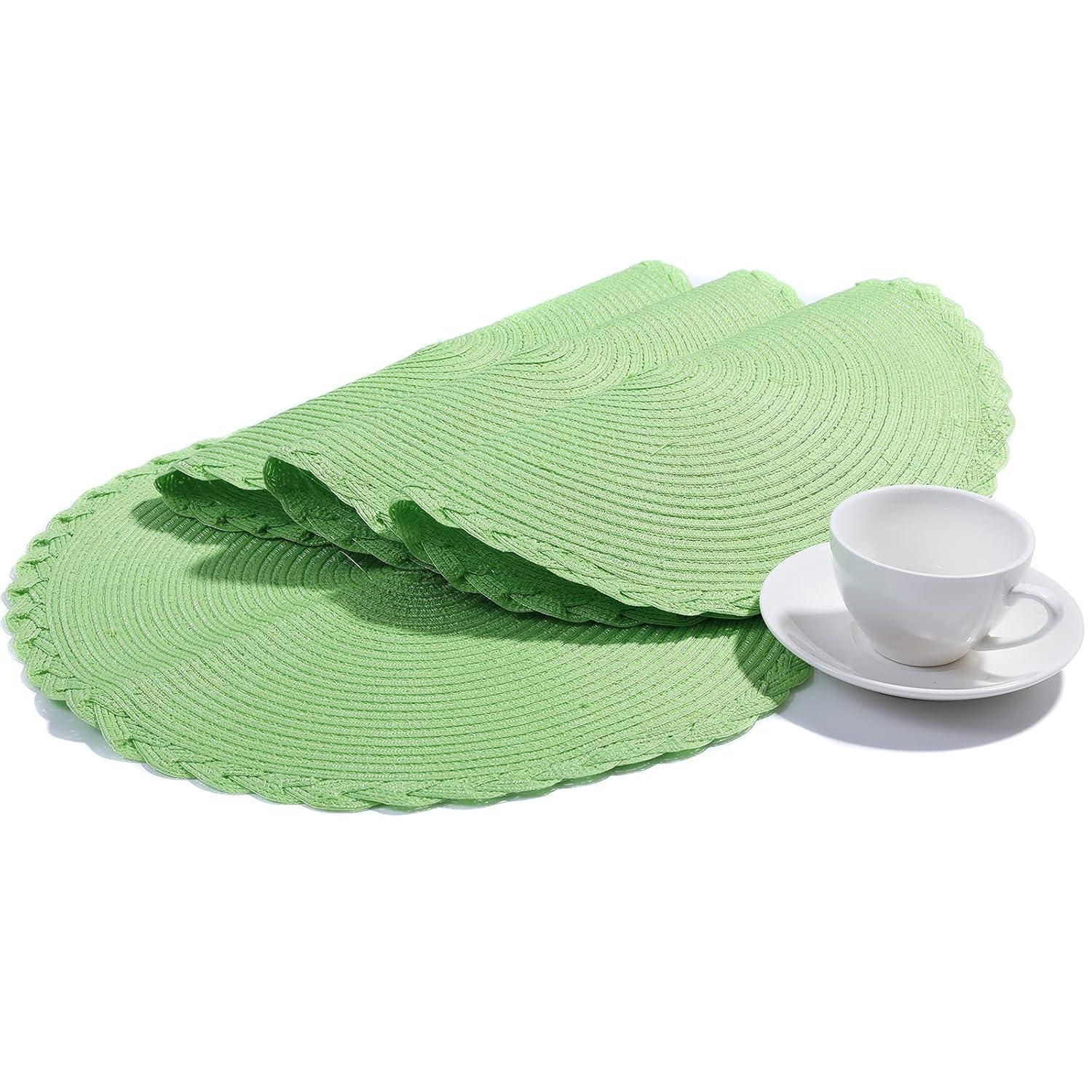 Placemats Set of 6, Lime Green Placemats Set of 6, Round Woven Placemats for Indoor and Outdoor, Washable Woven Placemats for St Patricks Day Placemats, 15 Inch