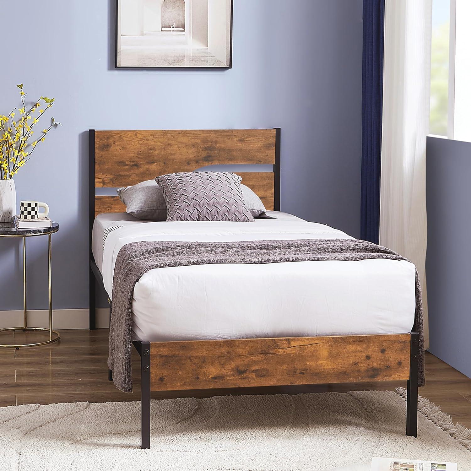VECELO Platform Bed Frame Twin Size with Rustic Vintage Wood Headboard, Strong Metal Slats Support, No Box Spring Needed
