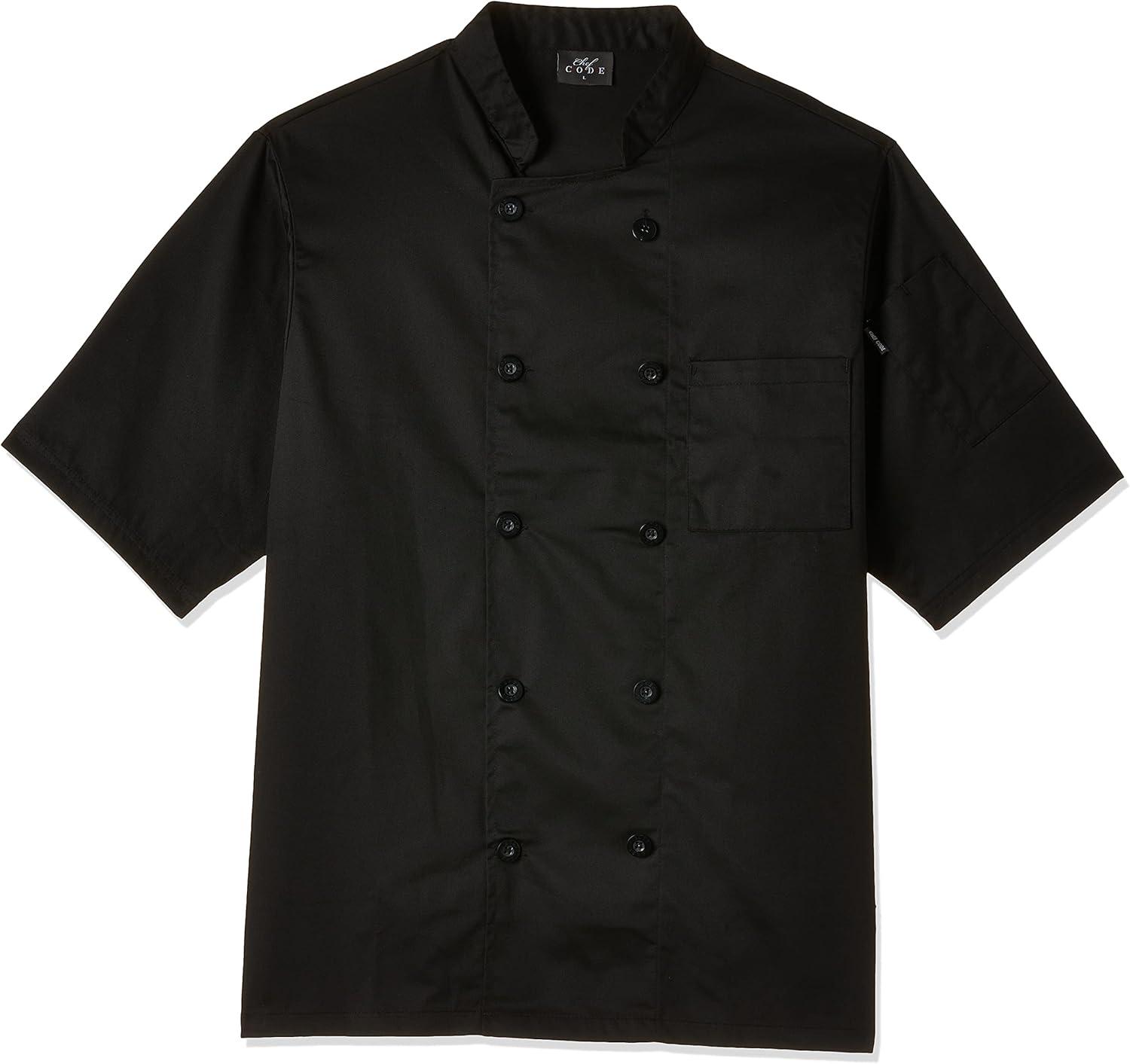 Chef Code Basic Short Sleeve Coat with Pearl Buttons, Chef Jacket Black M