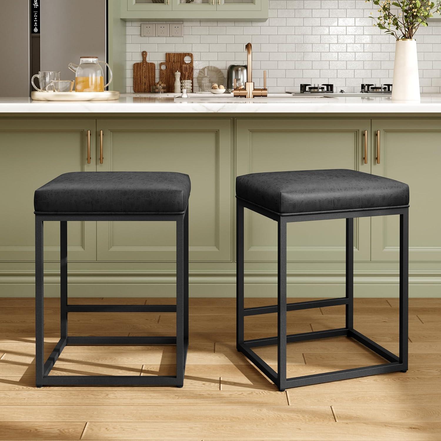 Lorelia Set of 2 Black 24 Inch Backless Counter Bar Stools Faux Leather Seat for Kitchen