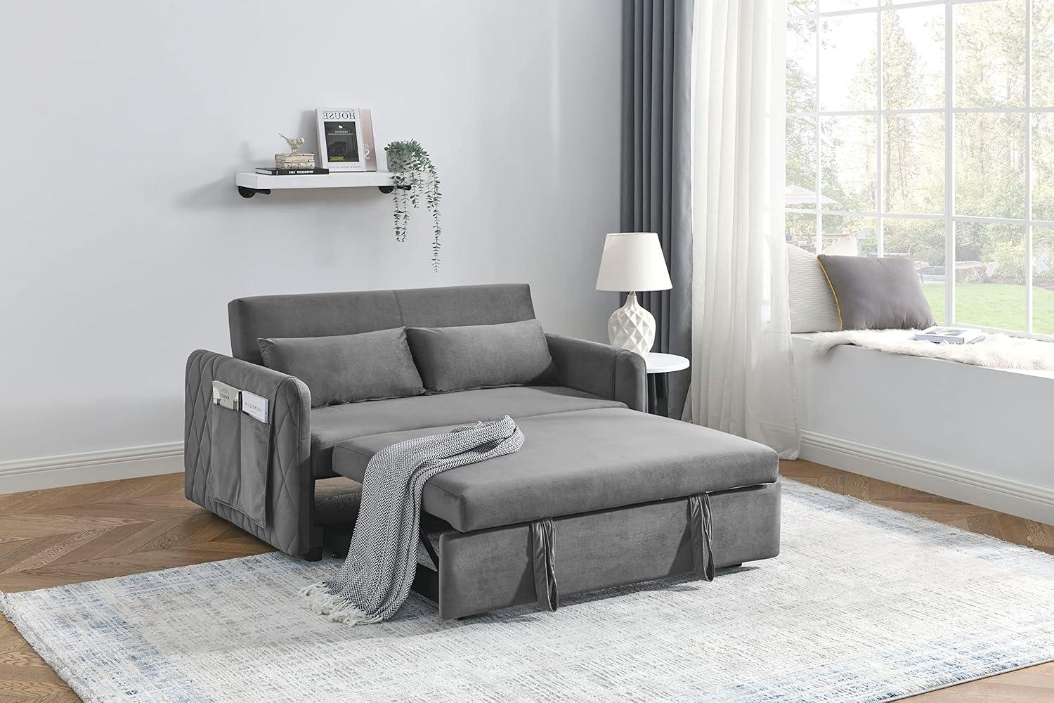 55" Convertible Sofa Bed with 2 Detachable Arm Pockets, Velvet Loveseat Sofa with Pull Out Bed and 2 Pillows, Modern Sleeper Sofa with Adjustable Backrest, Grid Design Armrests for Living Room, Grey