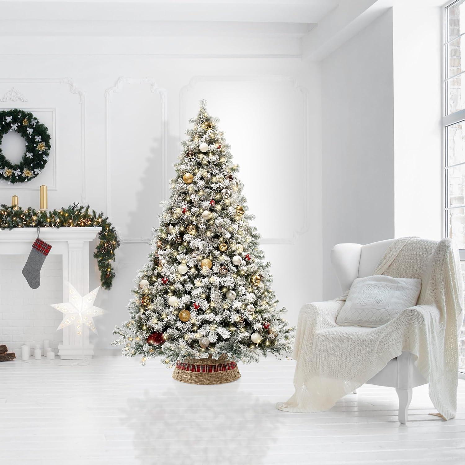 Casafield 24-Inch Seagrass Hyacinth Christmas Tree Collar, Woven Farmhouse Tree Base Cover with Cord Cut Out, Natural