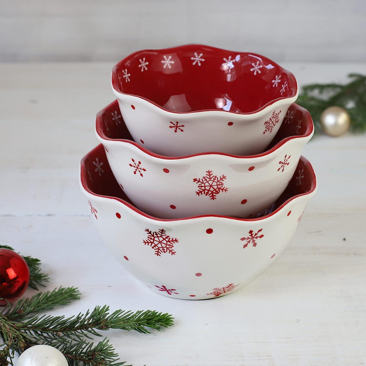 Winterfest Red and White Ceramic Christmas Serving Bowls Set