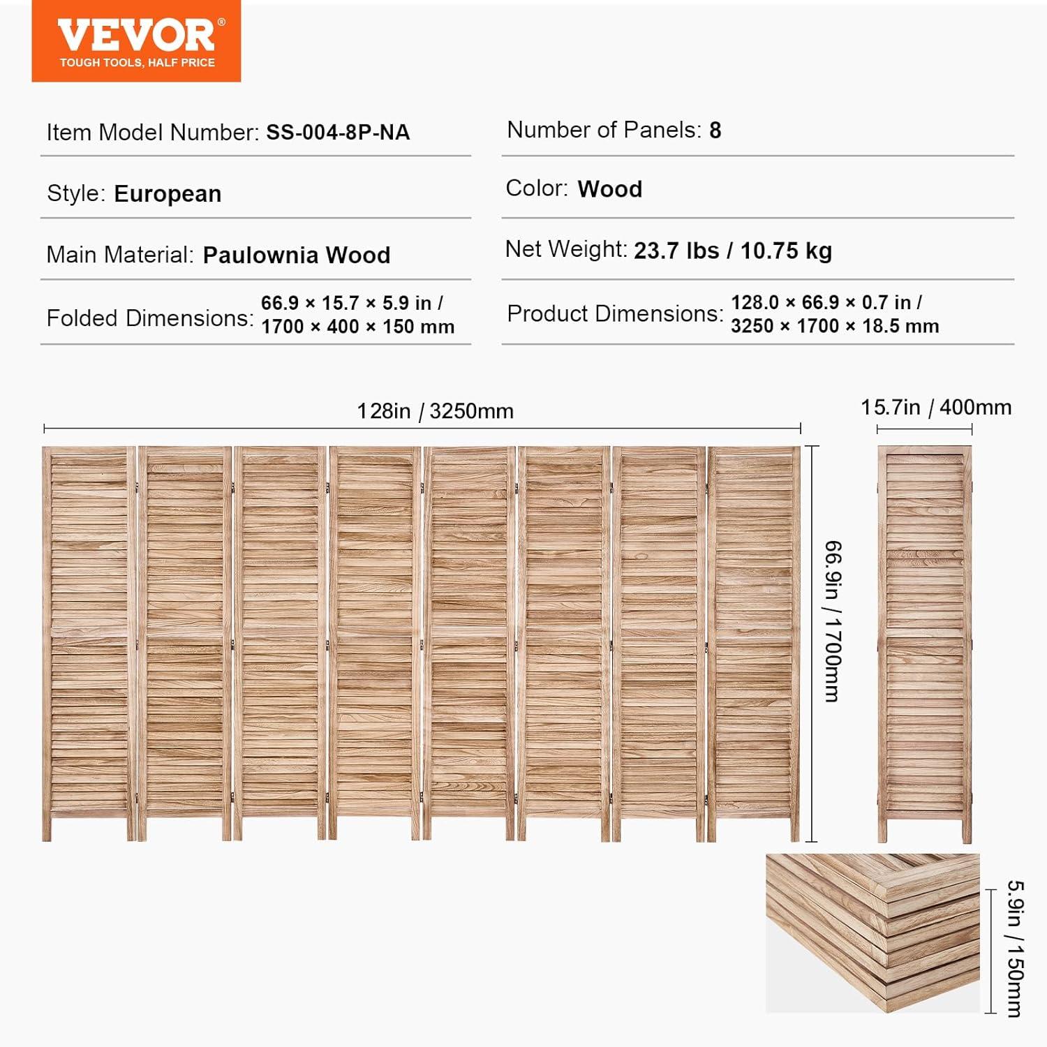 Wood Room Divider, 8 Panel Wood Folding Privacy Screen, 66.9 in. Tall Indoor Louvered Wooden Partition, Portable