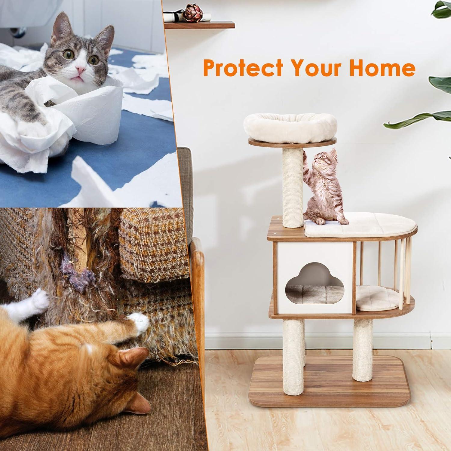 Archie & Oscar™ 46" Modern Wooden Cat Tree With Platform & Washable Cushions For Kittens & Cats