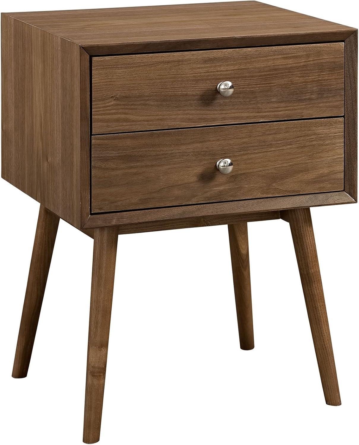 Walnut Mid-Century Modern 2-Drawer Nightstand with Metal Knob Handles