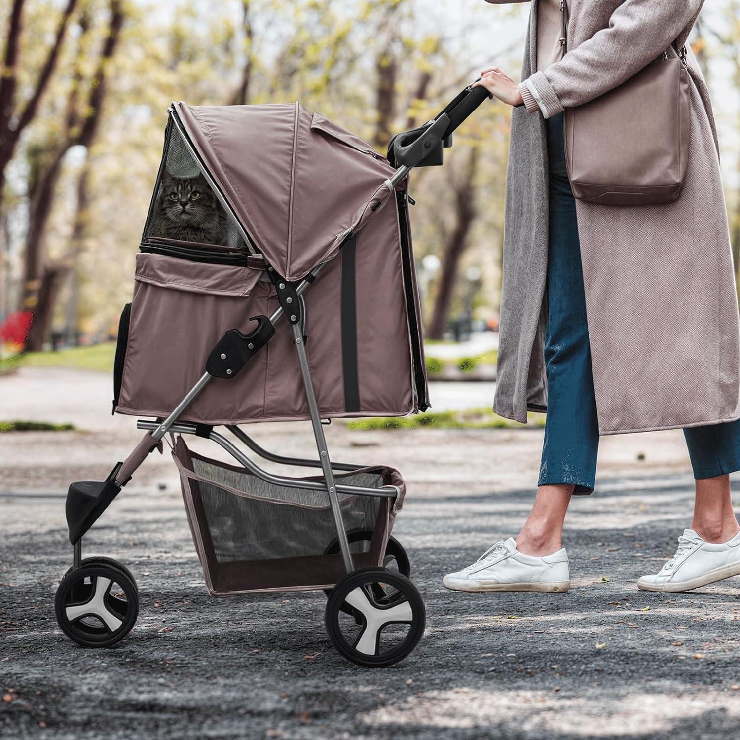 3 Wheel Folding Pet Stroller, Foldable Dog Jogger Stroller with Storage Basket, Cup Holder & Canopy