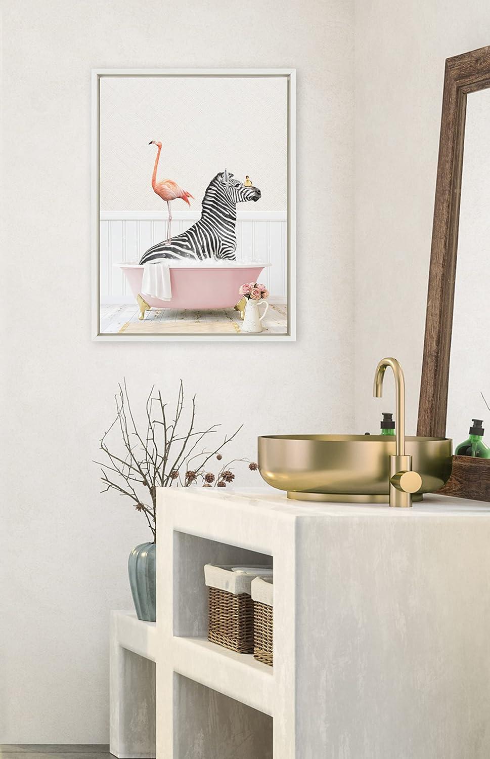 Kate and Laurel Sylvie Zebra and Flamingo in Cottage Rose Bath Framed Canvas by Amy Peterson Art Studio, 18x24, White