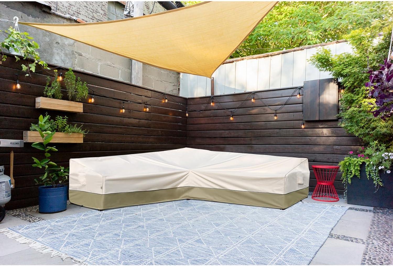 Outdoor Sectional Cover-V-Shaped Garden Patio Furniture Covers Waterproof Rip-Stop Anti-UV 600D Heavy Duty Outdoor Couch Cover with 3 Air Vents Sofa Cover 85''L 33.5''D 31''H,Beige & Reddish Brown