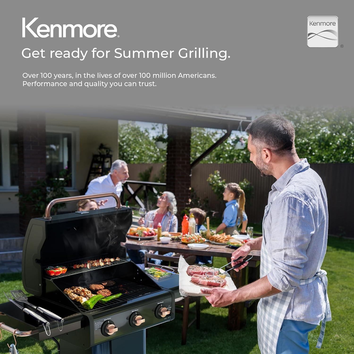 Kenmore 3-Burner Propane Gas Grill with Foldable Side Tables for Outdoor BBQ