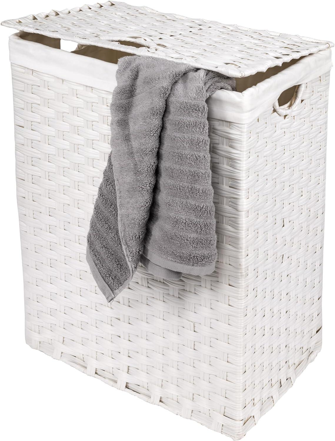 White Handwoven Collapsible Laundry Hamper with Lid