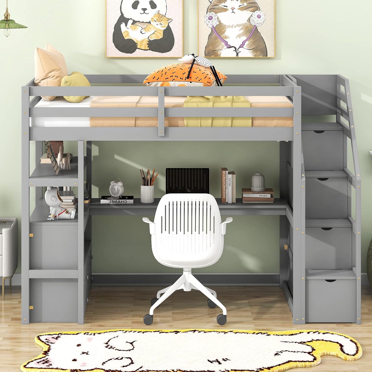 Stairway Twin Size Loft Bed with L Shape Desk, Shelves, Two Tier Drawers and Storage Staircase, Gray