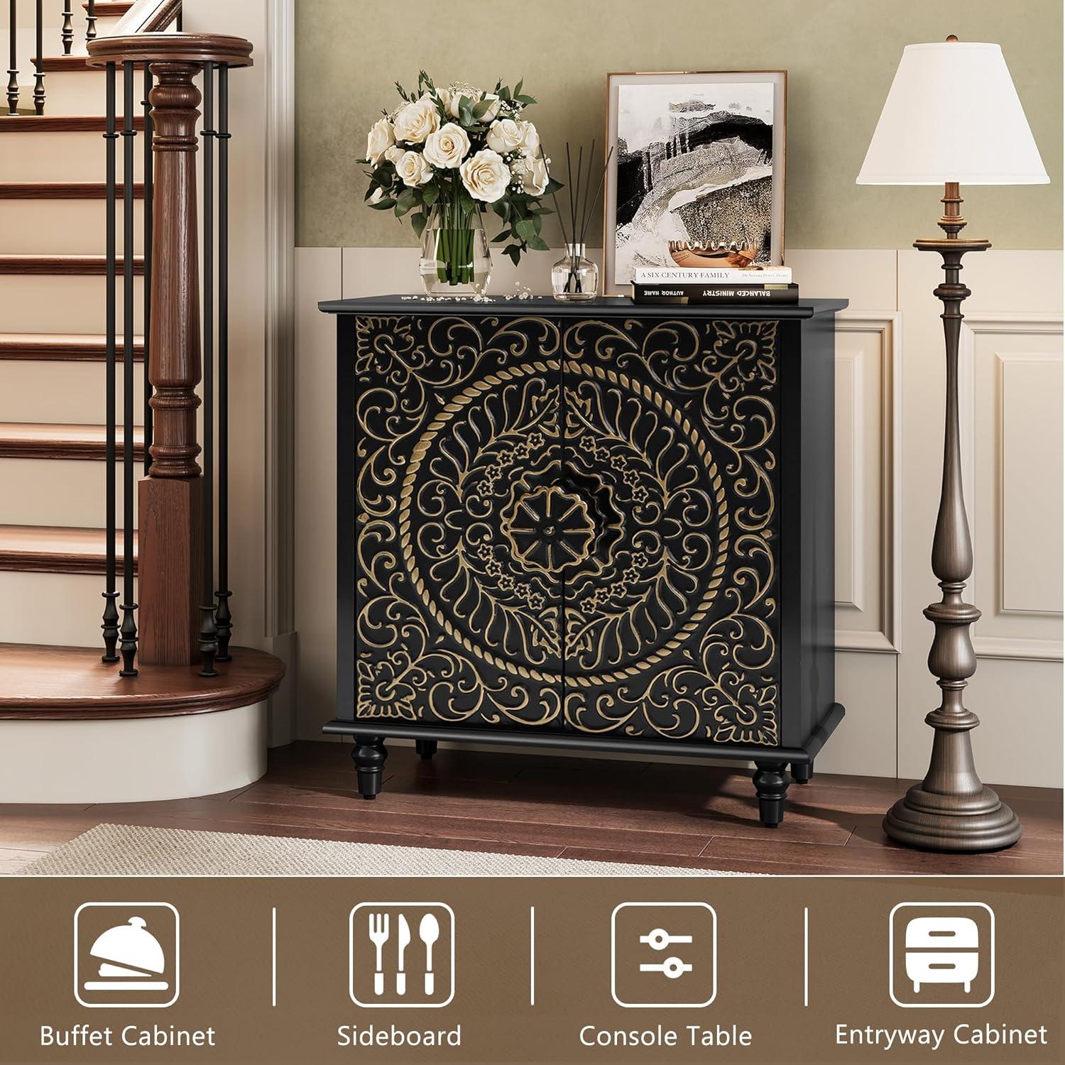 Black Carved Floral Pattern 2-Door Accent Cabinet