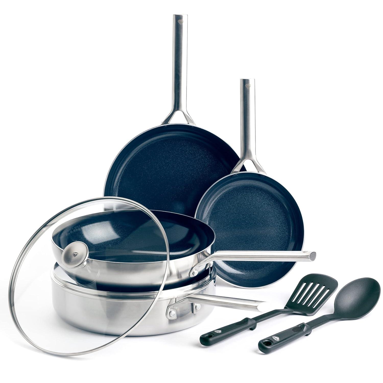 Blue Diamond Cookware Triple Steel Ceramic Nonstick Stainless Steel Cookware Pots and Pans Set, 7 Piece