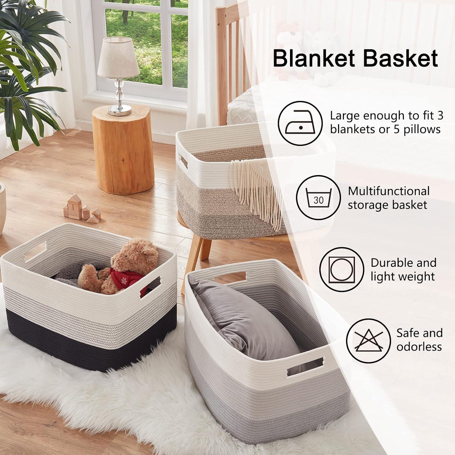OIAHOMY Large Blanket Basket, Rectangle Woven Baskets for Storage, Nursery Blanket Basket Living Room, Toy Basket with Handle, Large Baskets for Organizing-22”x17”x12”-Gradient Black