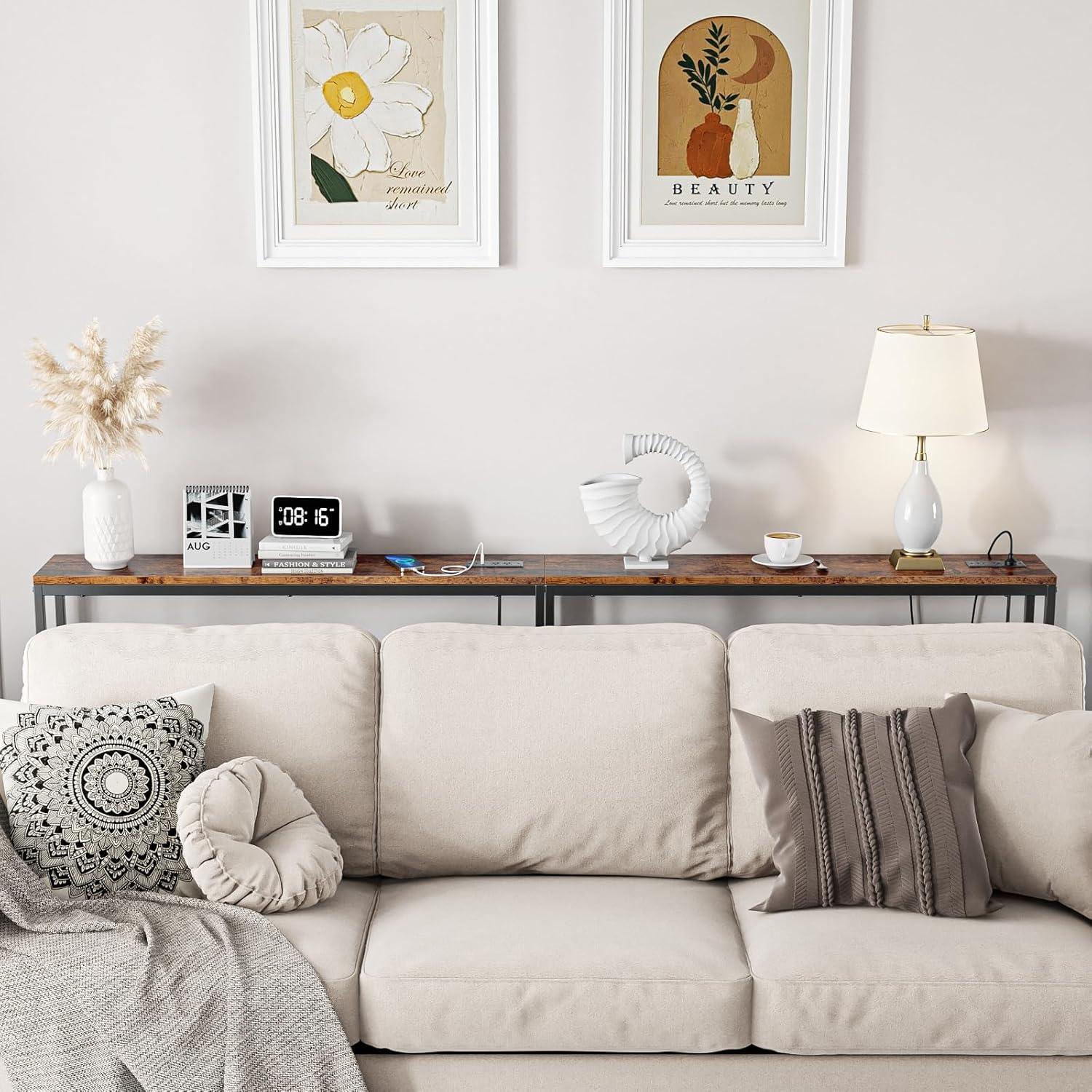 Rustic Brown Narrow Sofa Table with Power Outlets & USB Ports