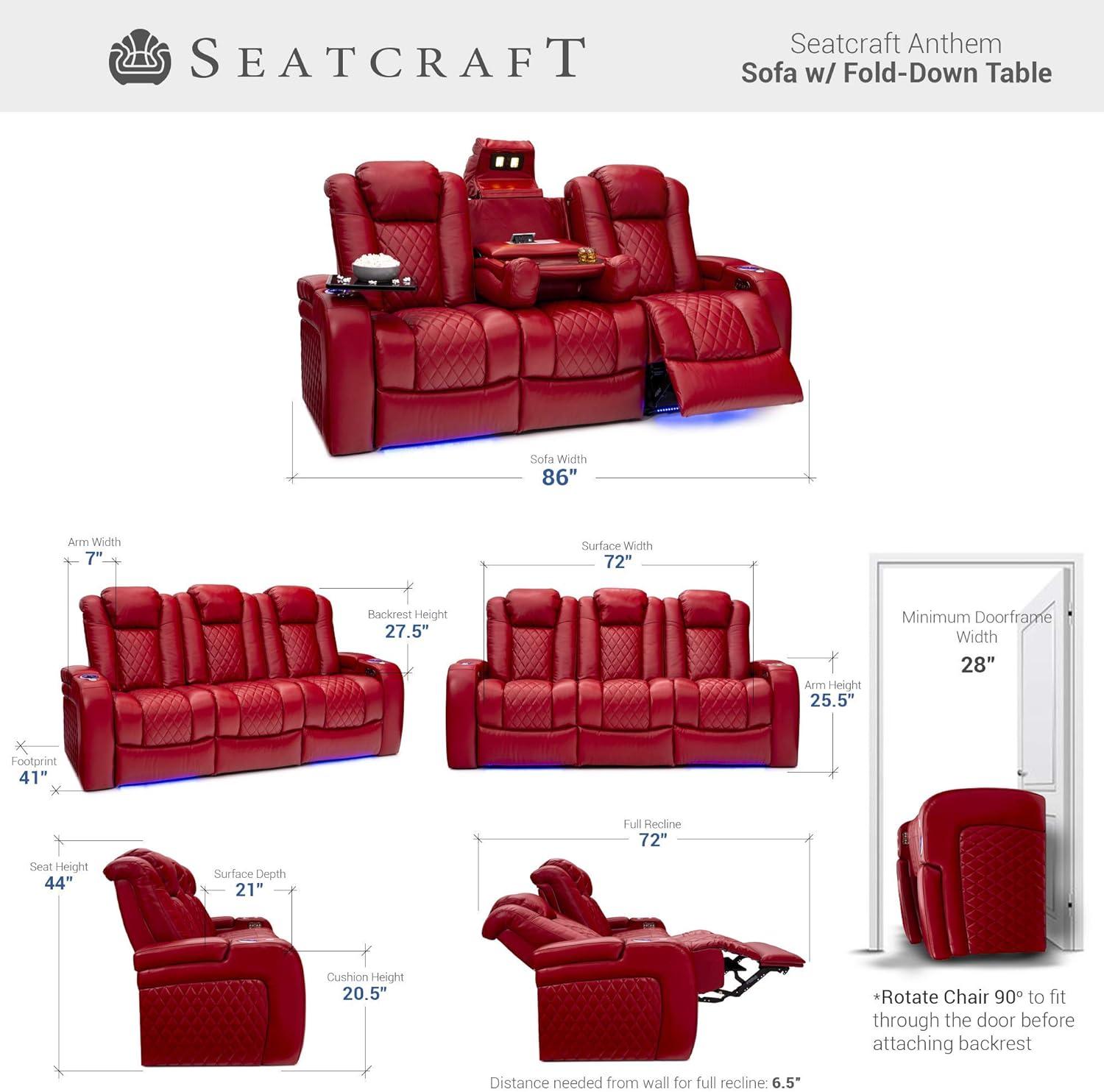 Seatcraft Anthem Red Leather Sofa | Powered Headrest | Power Recline