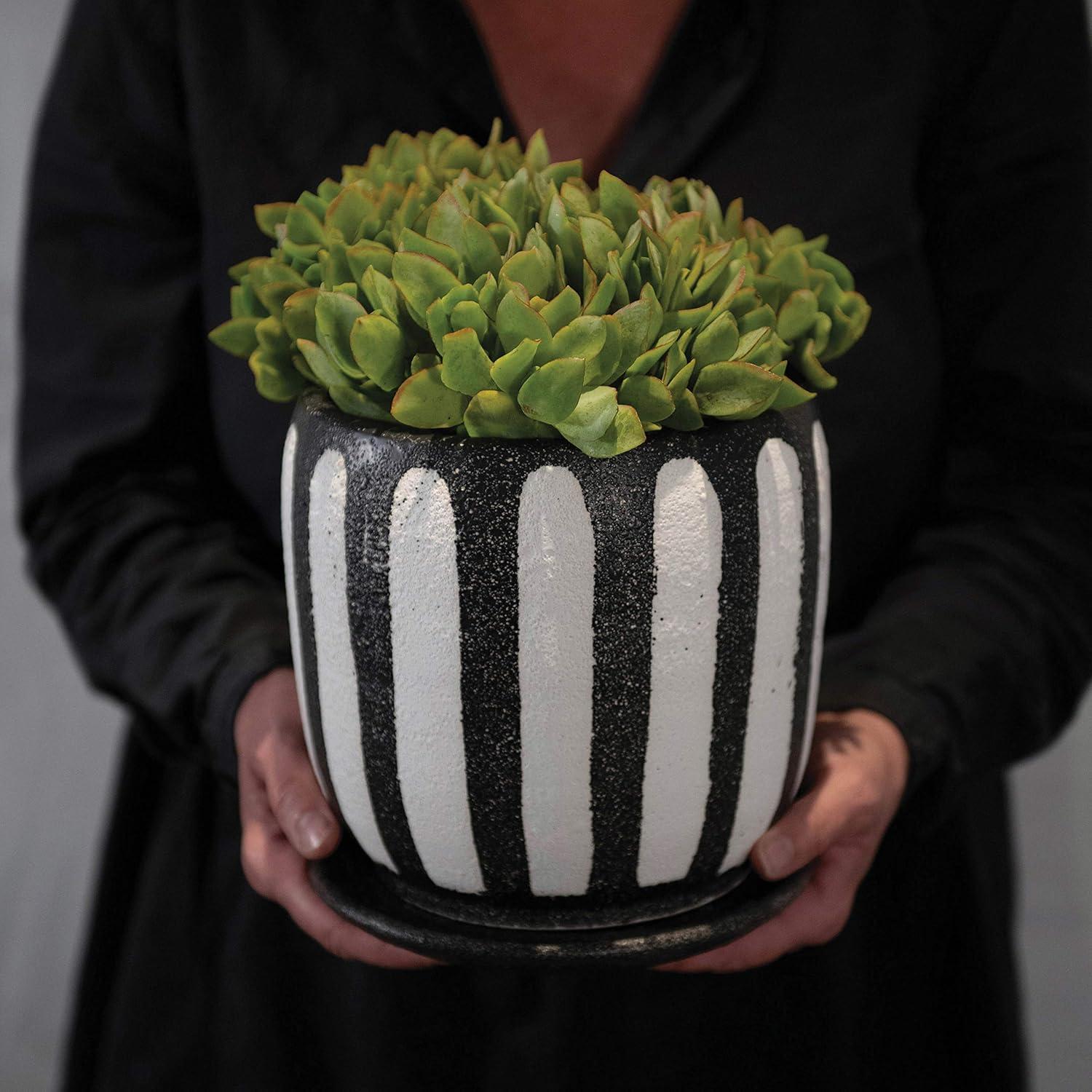 Bold Hand-Painted Black & White Terra-cotta Planter with Saucer, 7.5"