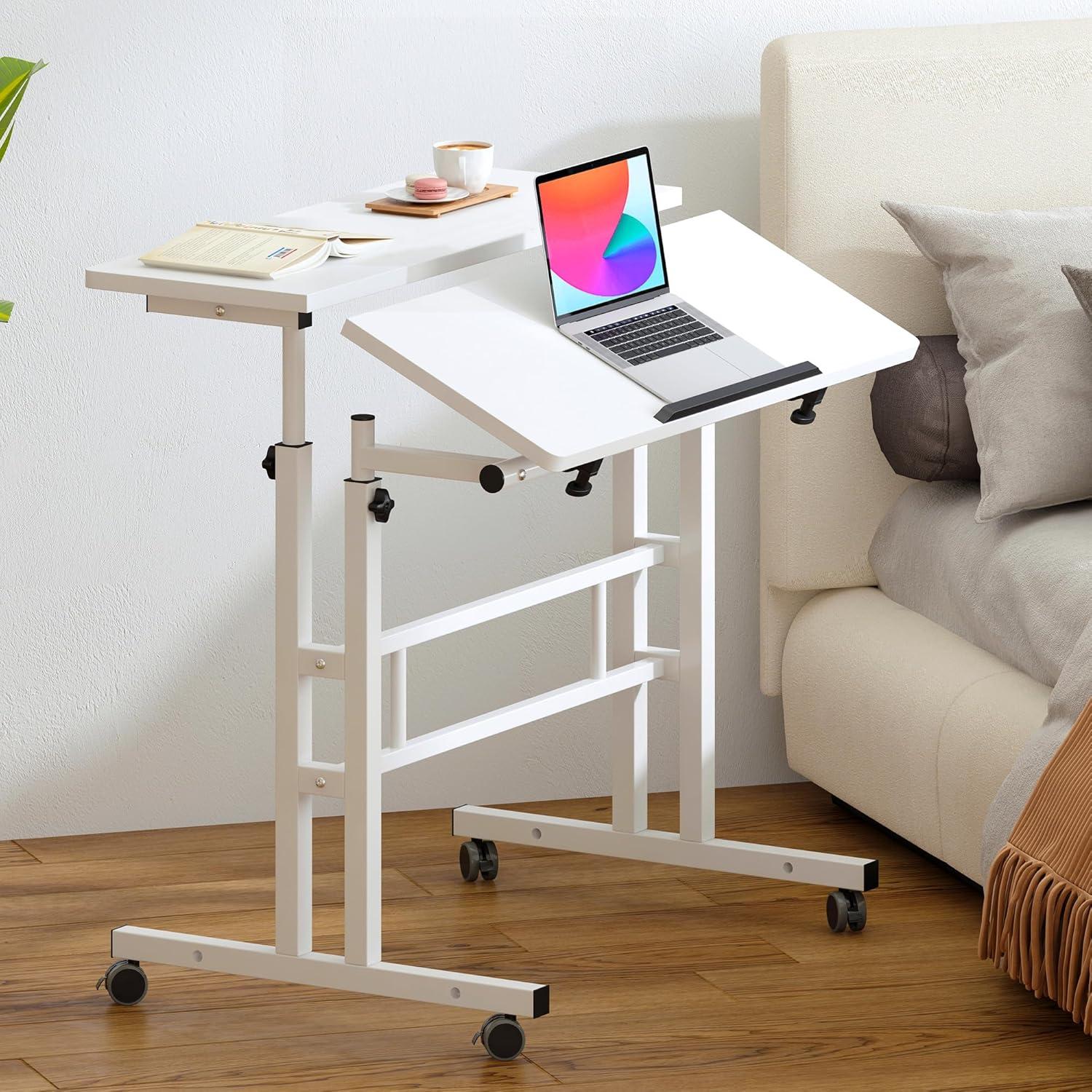QuellQuest Adjustable Laptop Desk with Wheels Home Office Workstation Rolling White Table Laptop Cart for Standing or Sitting