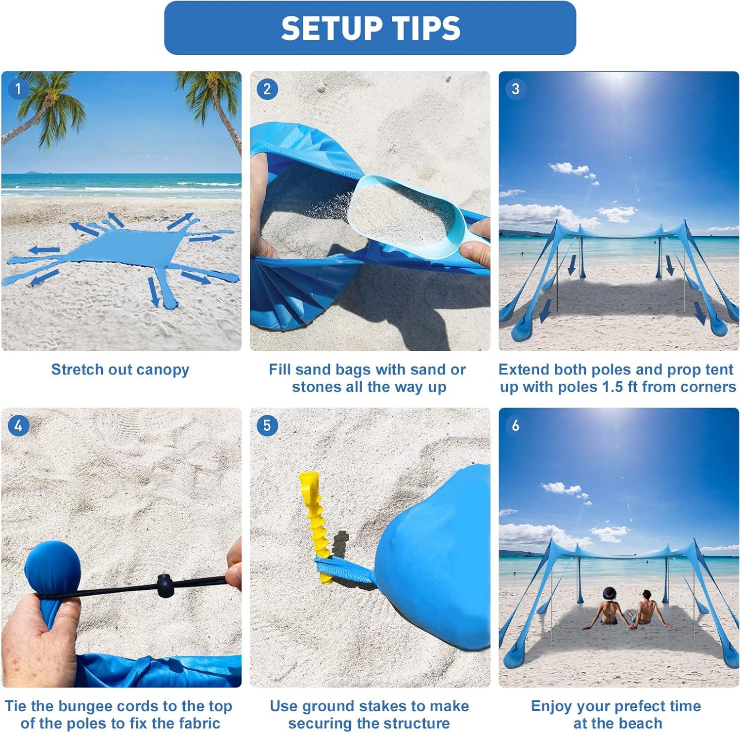 Beach Tent Canopy Pop Up Shade 10x10ft Sun Shelter Portable Family UPF50+ with 8 Sandbags-2 Sand Shovel-4 Aluminum Poles-Ground Pegs-Carrying Bag for Outdoor Camping Fishing Backyard Picnic