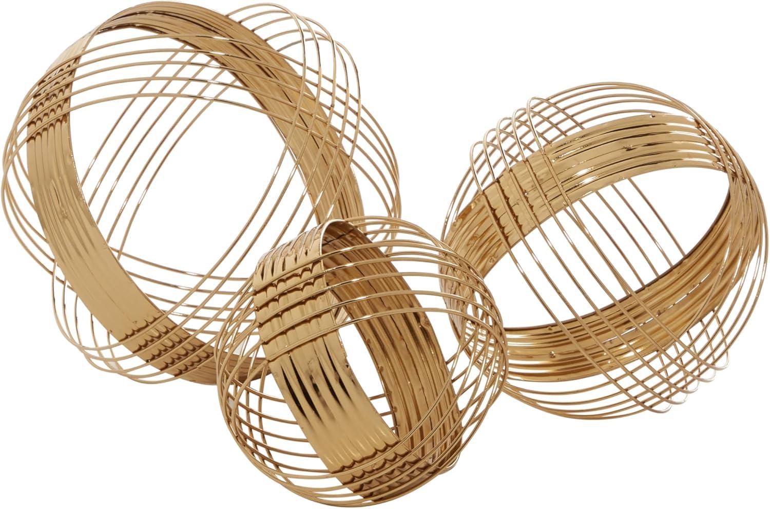 Gold Metal Geometric Wire Orb Sculptures, Set of 3