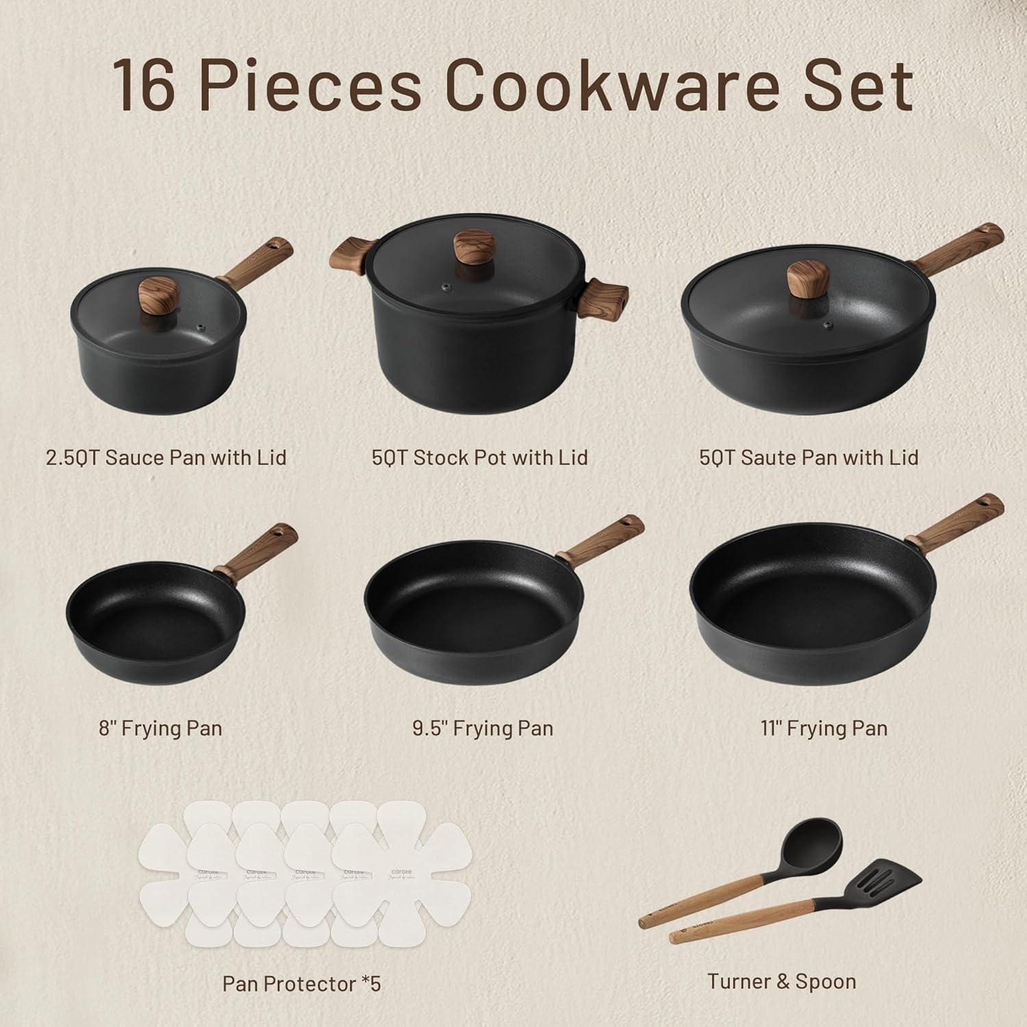 Carote 16 Pcs Nonstick Cookware Sets, Premium Pots and Pans Set, Easy to Clean, Grey and Gold