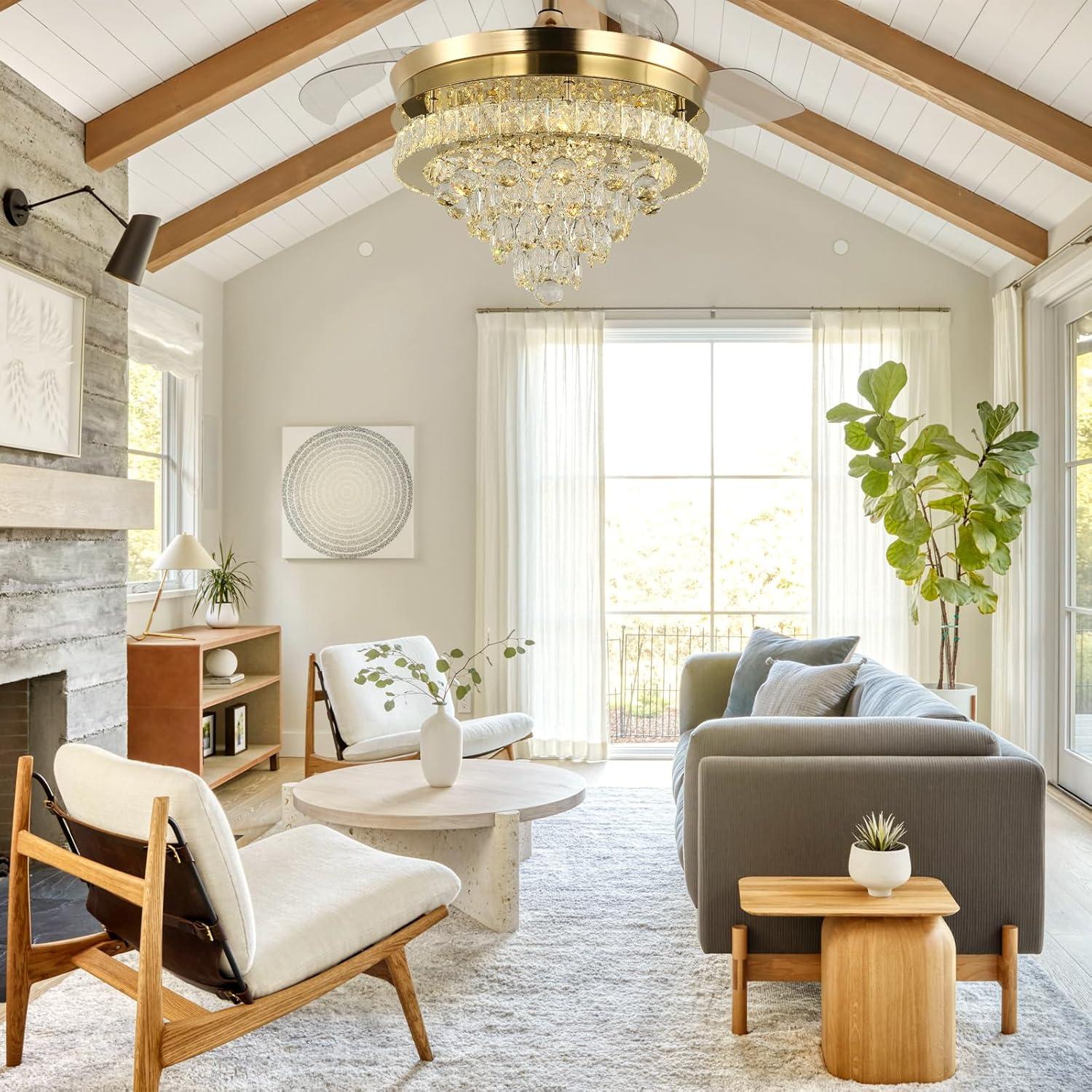 42 in. Indoor Gold Smart Retractable Crystal Ceiling Fan with Adjustable LED Light Included with Remote