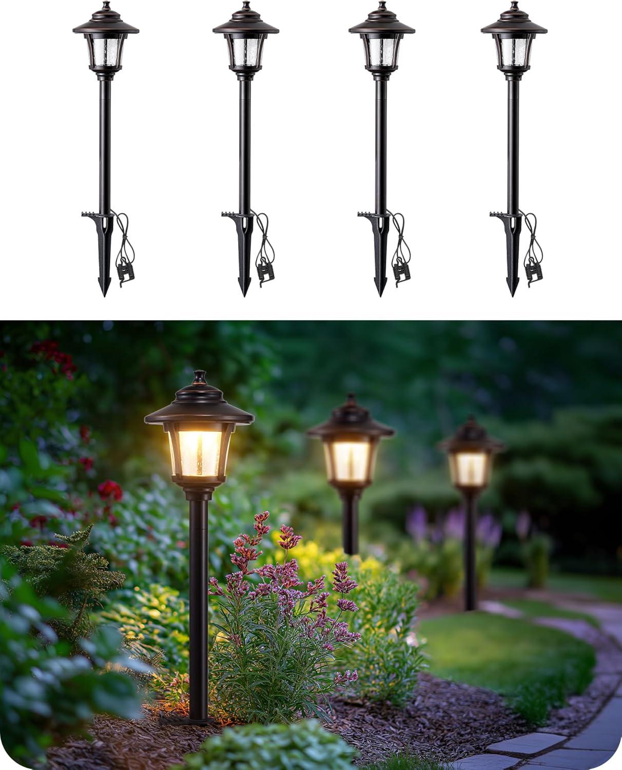 EDISHINE Low Voltage Landscape Lighting, 12V 3W 120LM 3000K Seed Glass Outdoor Landscape Path Lights with Connectors, ORB Waterproof Electric LED Pathway Light Wired for Walkway Garden Yard, 4 Pack