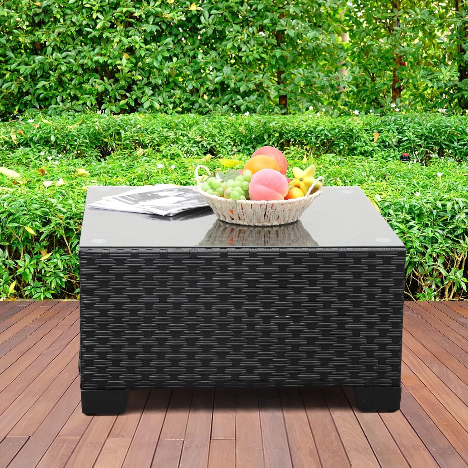 Patio Furniture Wicker Coffee Table Outdoor Garden Square Side Table with Tempered Glass Top Black