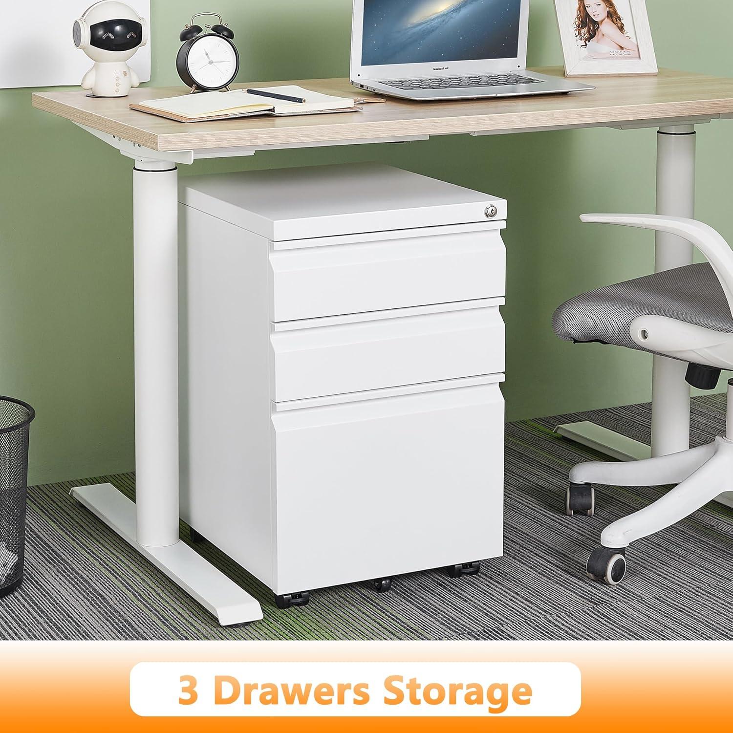 3 Drawer Mobile File Cabinet, Metal Filing Cabinets with Lock Wheels Under Desk, Lockable Rolling File Cabinet for Home Office, Fit Letter/Legal/A4 Size (White)