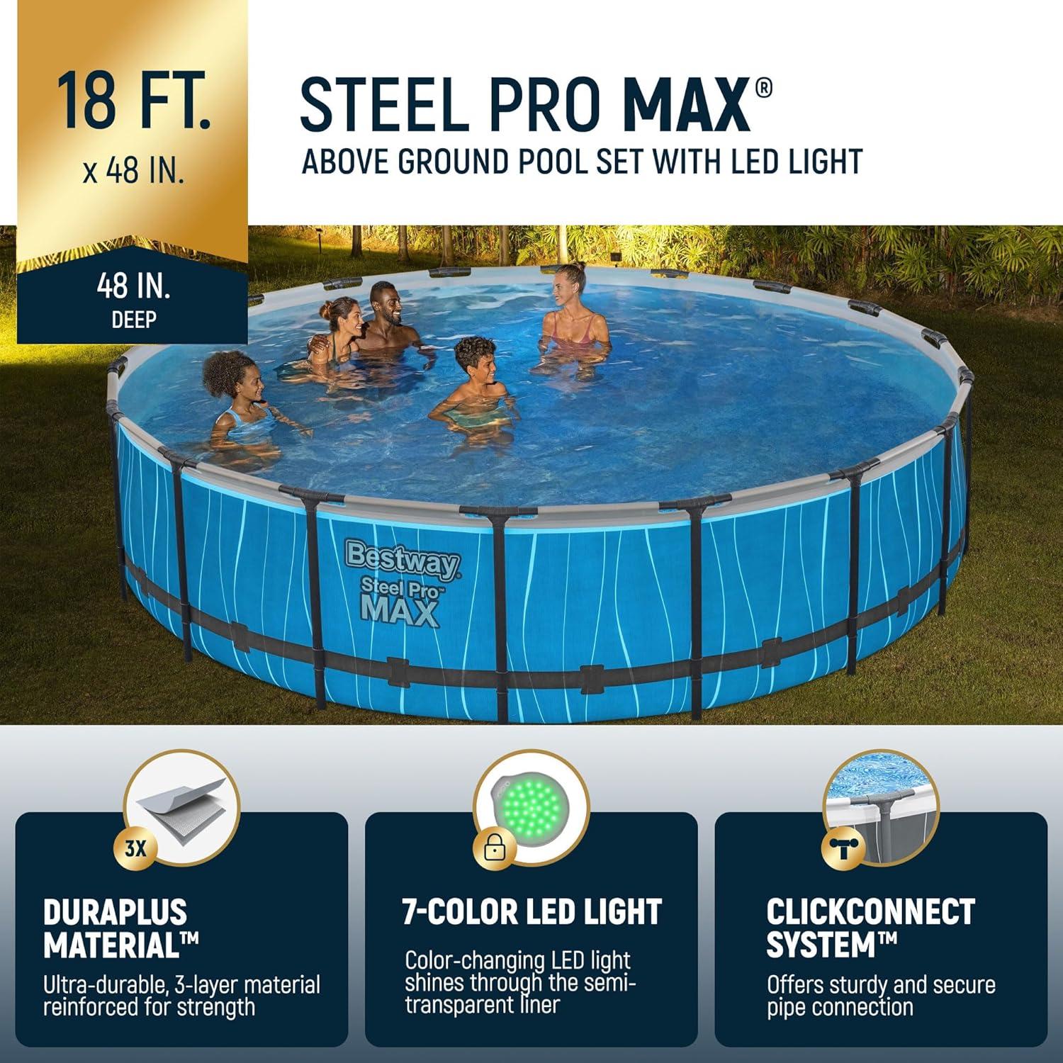 Bestway Steel Pro MAX 18'x48" Round Above Ground Pool w/LED Light & Remote