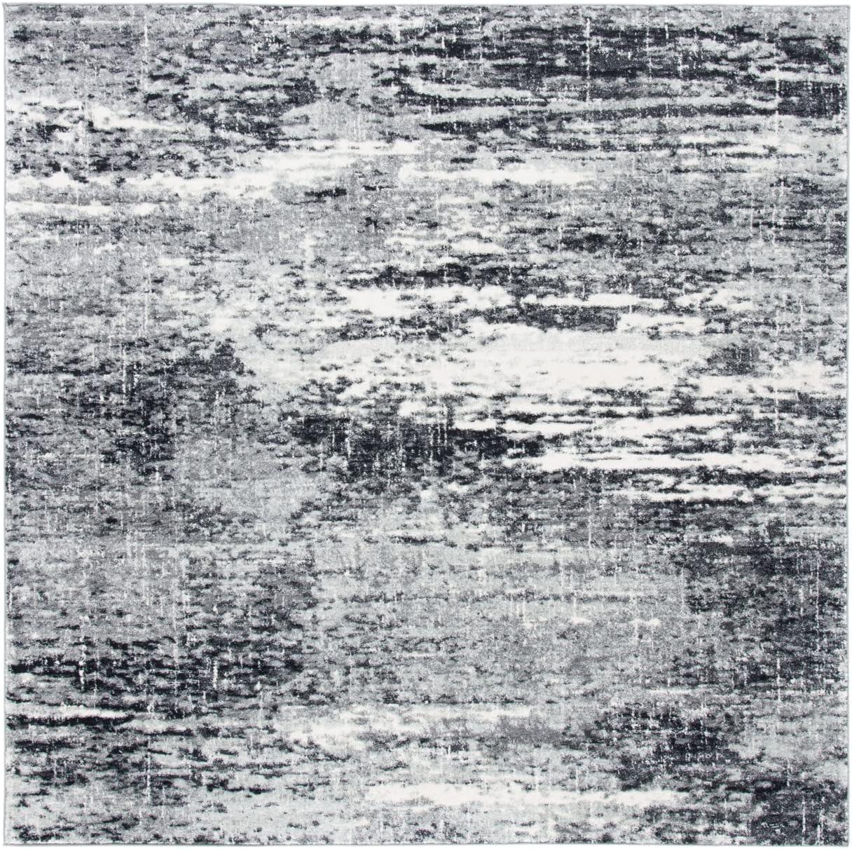 Ivory and Dark Grey Abstract 3' x 5' Stain-Resistant Rug