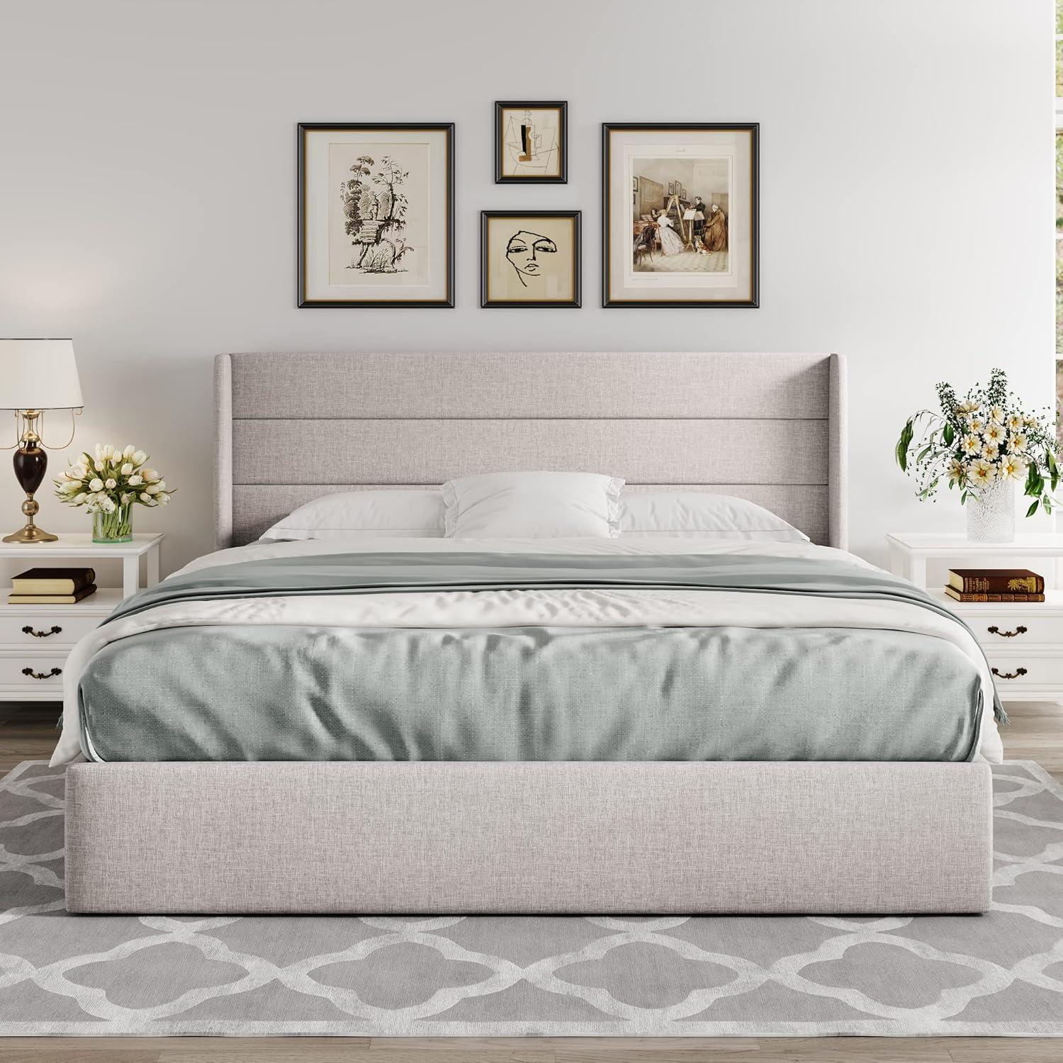 King Size Light Beige Upholstered Storage Bed with Wingback Headboard